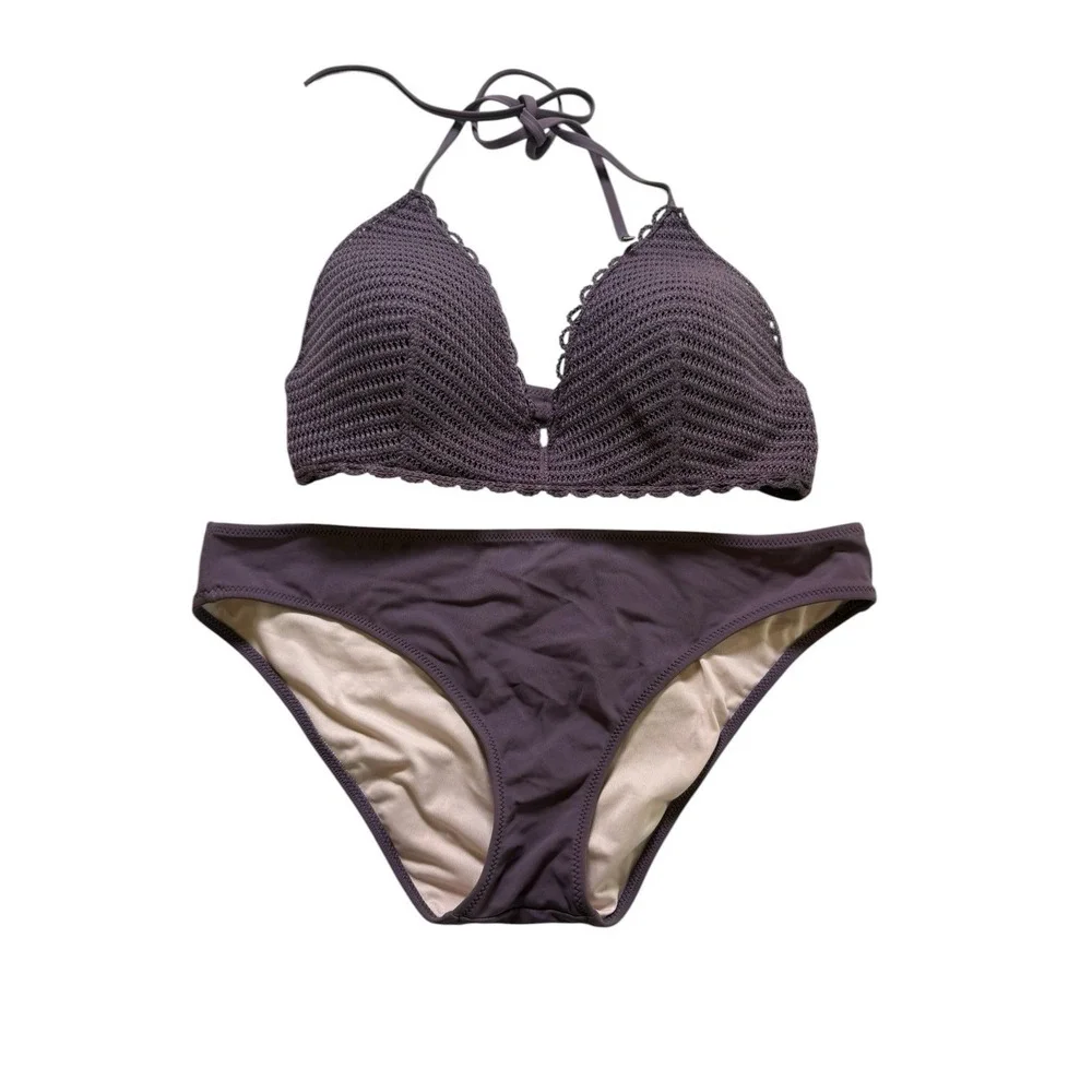 Shade & Shore Bikini Set Womens 34C/M Purple Excellent Crochet Halter‎ Two Piece